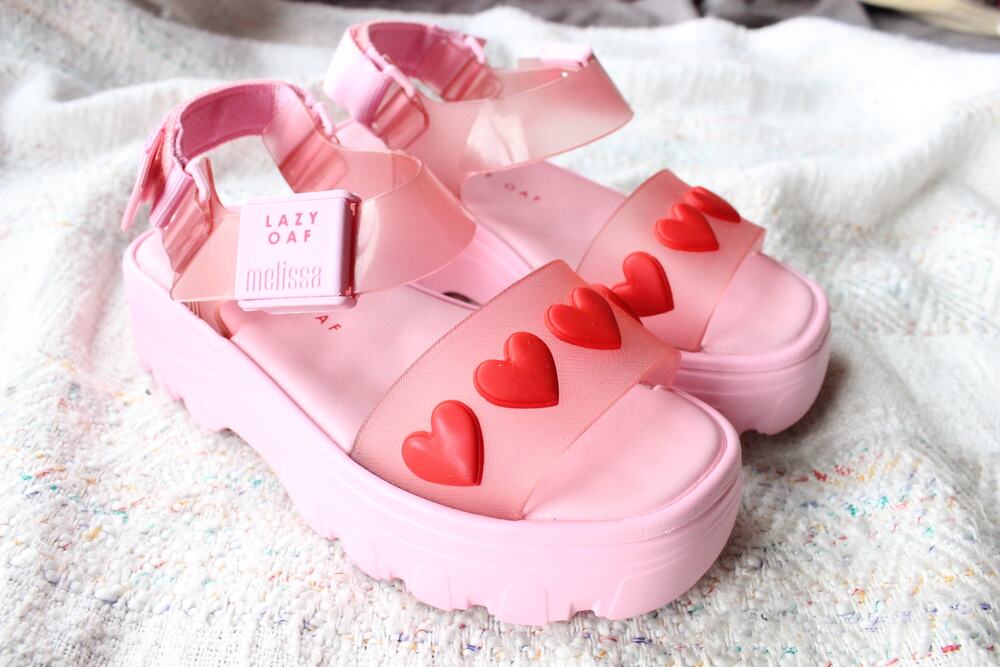 Lazy Oaf Melissa Pink Heart Platform Sandals Size 7